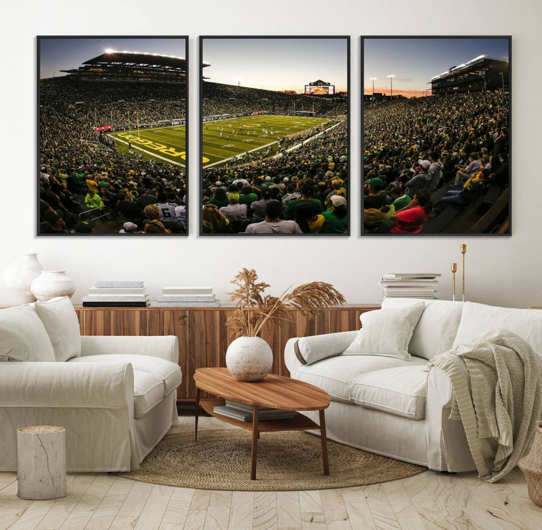 The Oregon Stadium Canvas Wall Art features a depiction of a packed Autzen Stadium with OREGON prominently displayed on the field.