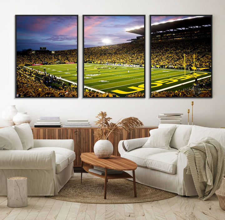 This gallery-quality canvas print features a depiction of the OREGON field filled with fans at sunset, capturing the essence of the University of Oregon Ducks Autzen Stadium.