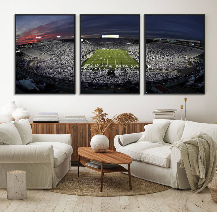 Canvas art capturing the packed Beaver Stadium at dusk, with Penn State emblazoned on the field and a sea of white-clad fans—true perfection.