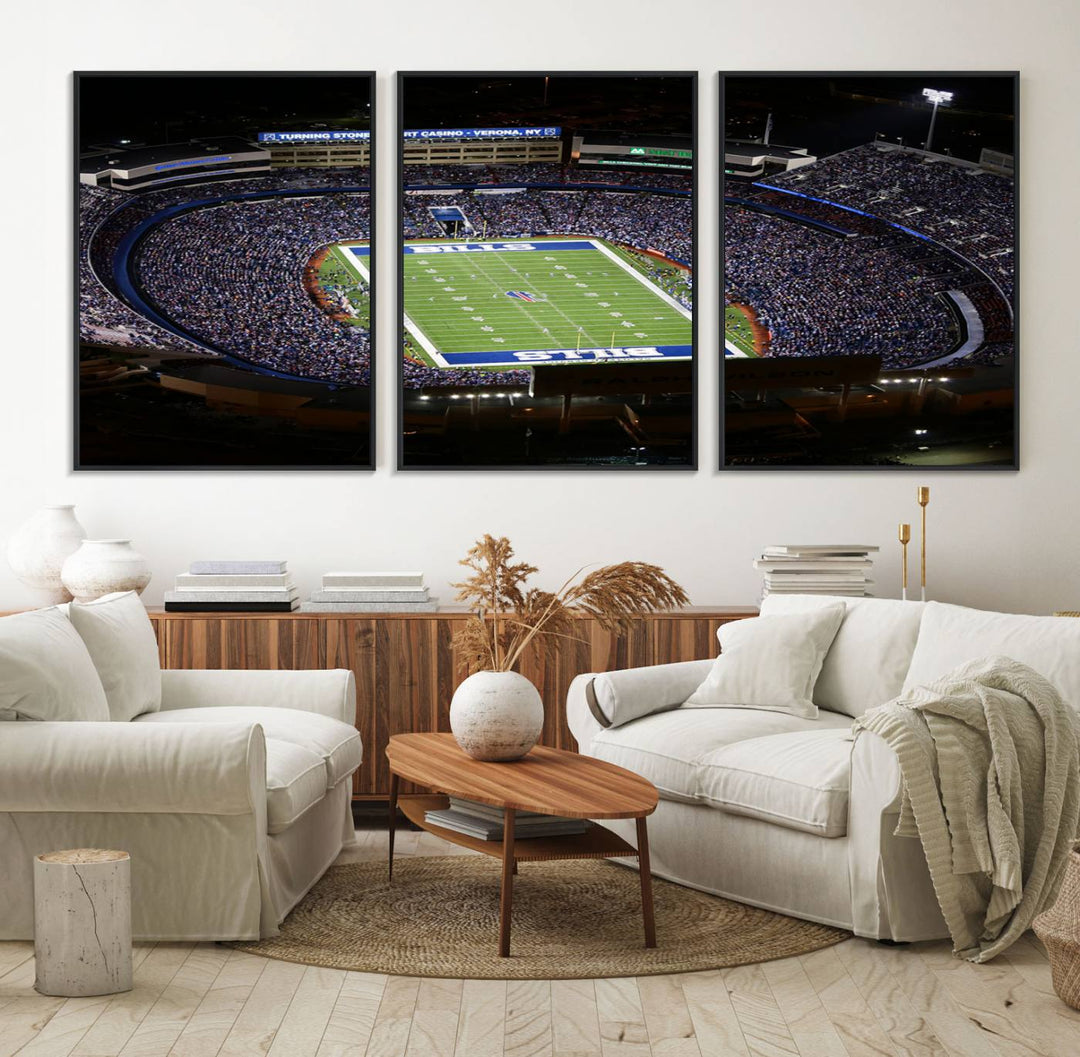 Aerial view of football stadium at night, featuring Buffalo Bills Highmark Stadium Wall Art.