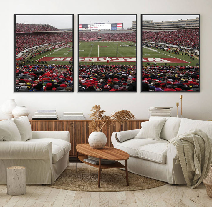 The wall art depicts WISCONSIN in red and white, similar to Wisconsin Badgers Football Canvas Art.