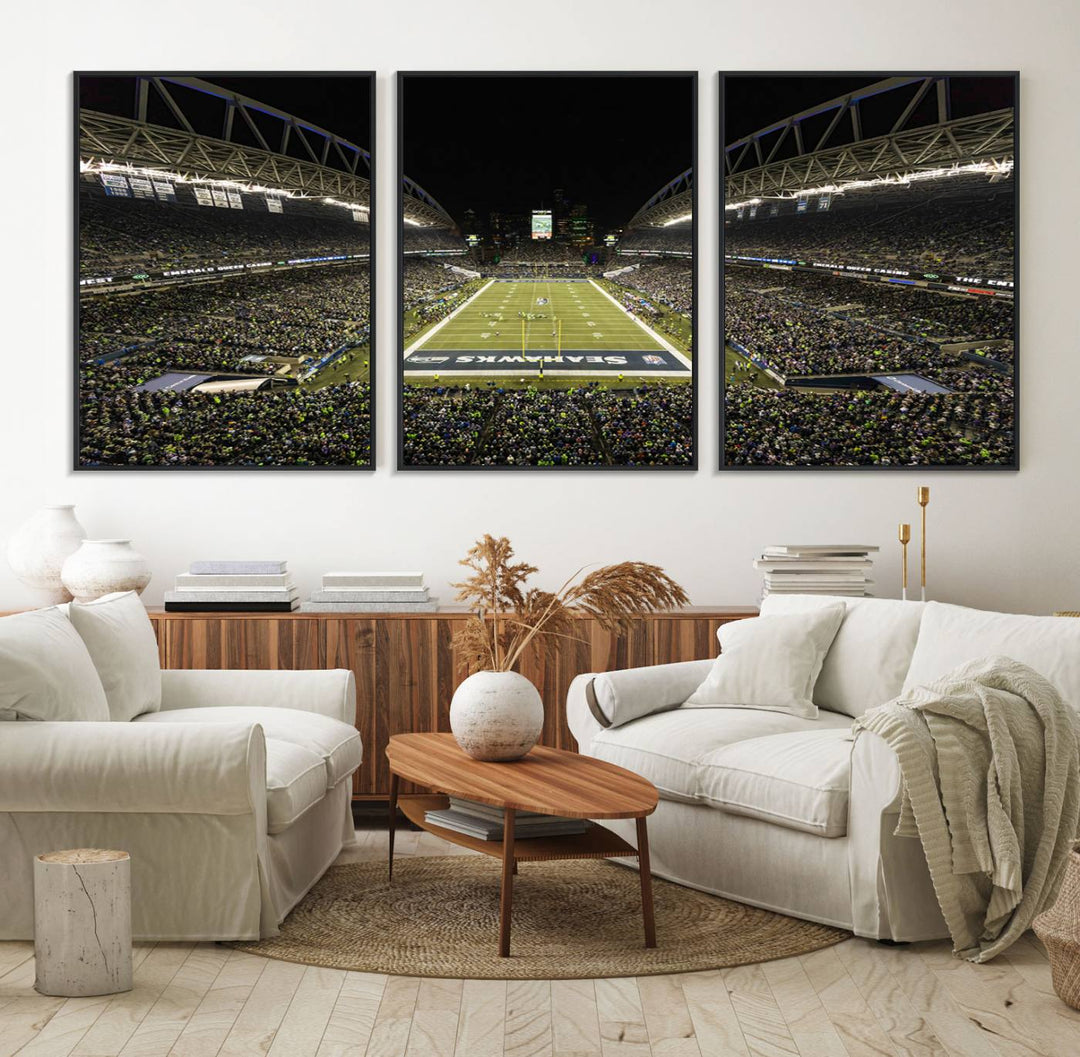 Handmade Seattle Seahawks Stadium Canvas Wall Art Print featuring an aerial view of Night football at CenturyLink Field marked Seahawks.