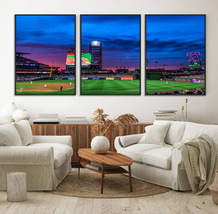 The Phillies canvas print captures a stunning sunset, vibrant signage, and players on the field.