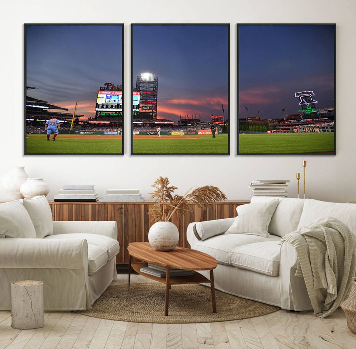 Philadelphia Phillies at sunset: Citizens Bank Park captured in a charming canvas wall art print.