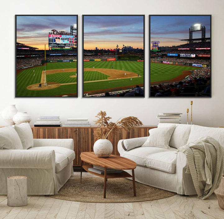 A sunset game at Citizens Bank Park depicted on a 3-panel Phillies canvas.