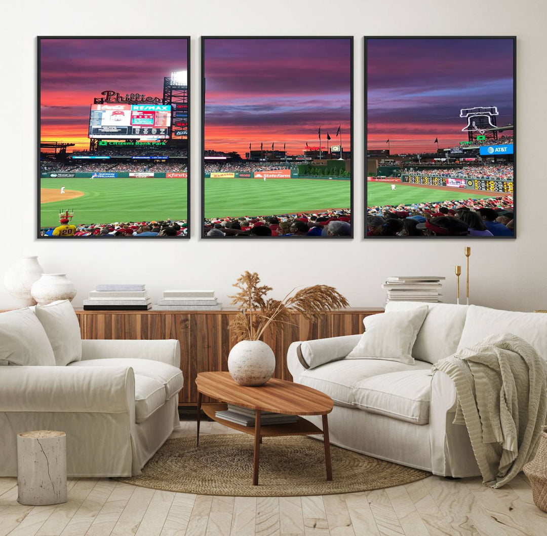 The Philadelphia Phillies canvas print showcases Citizens Bank Park at sunset with a crowd and scoreboard.