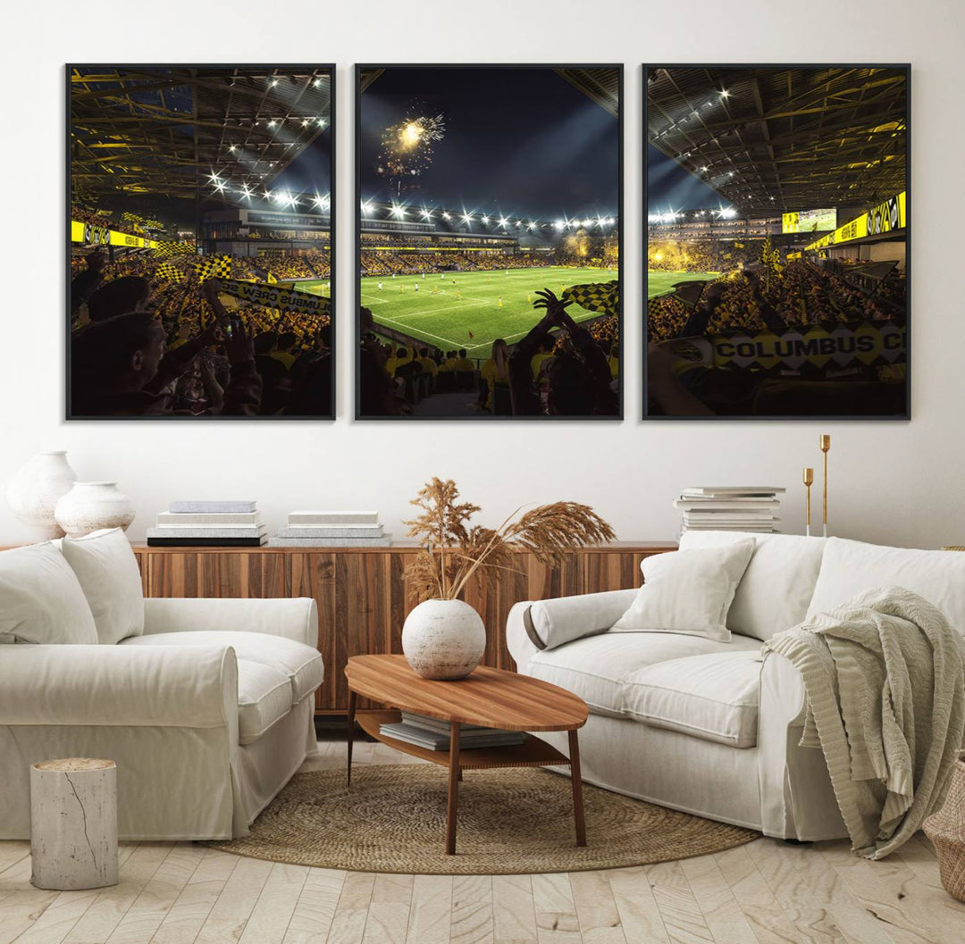 The wall art canvas print captures a packed soccer stadium scene with fans and fireworks.