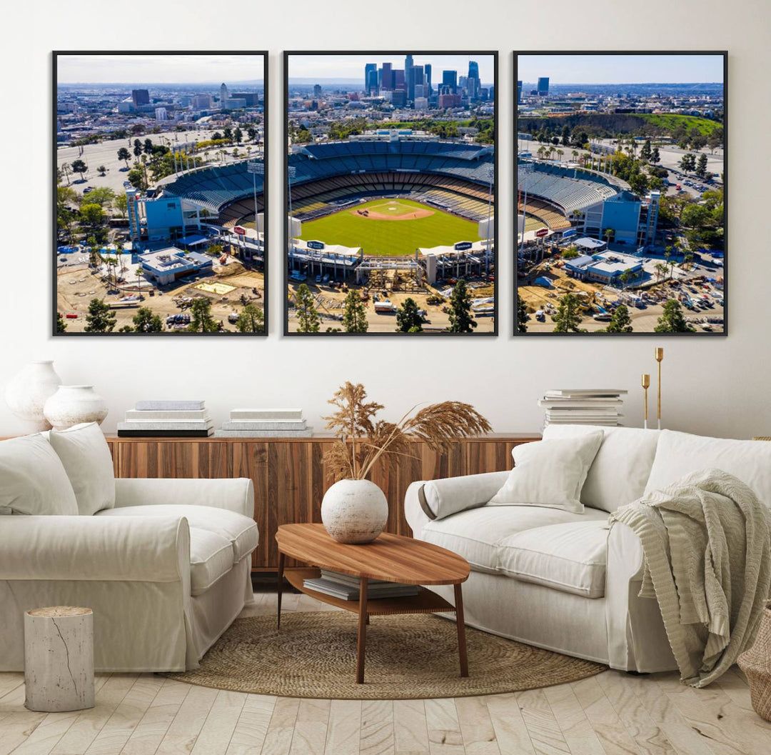 Aerial view of Dodger Stadium city skyline on a premium Los Angeles Dodgers MLB canvas print.