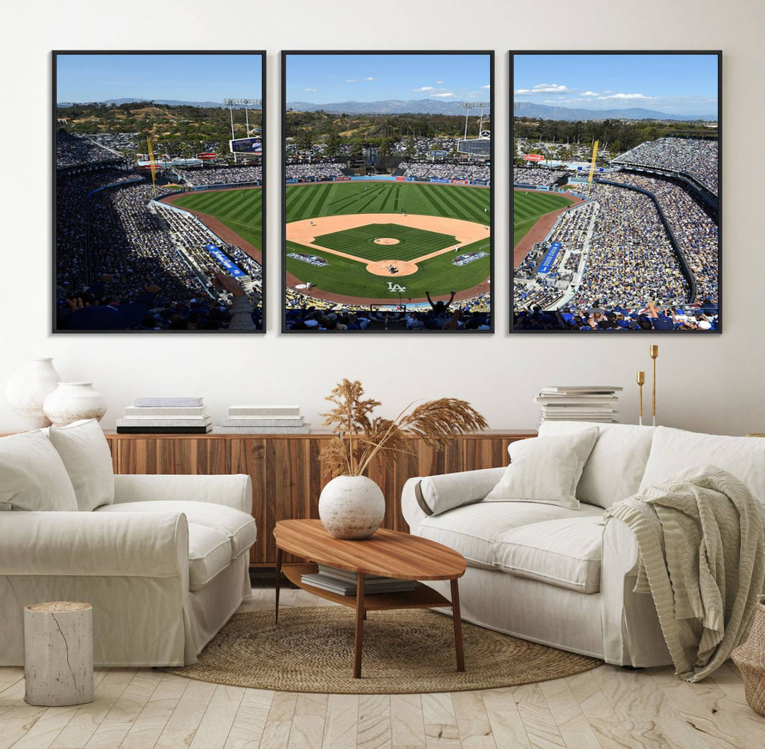 Aerial view of Dodger Stadium captured in gallery-quality on a Dodgers wall art canvas.