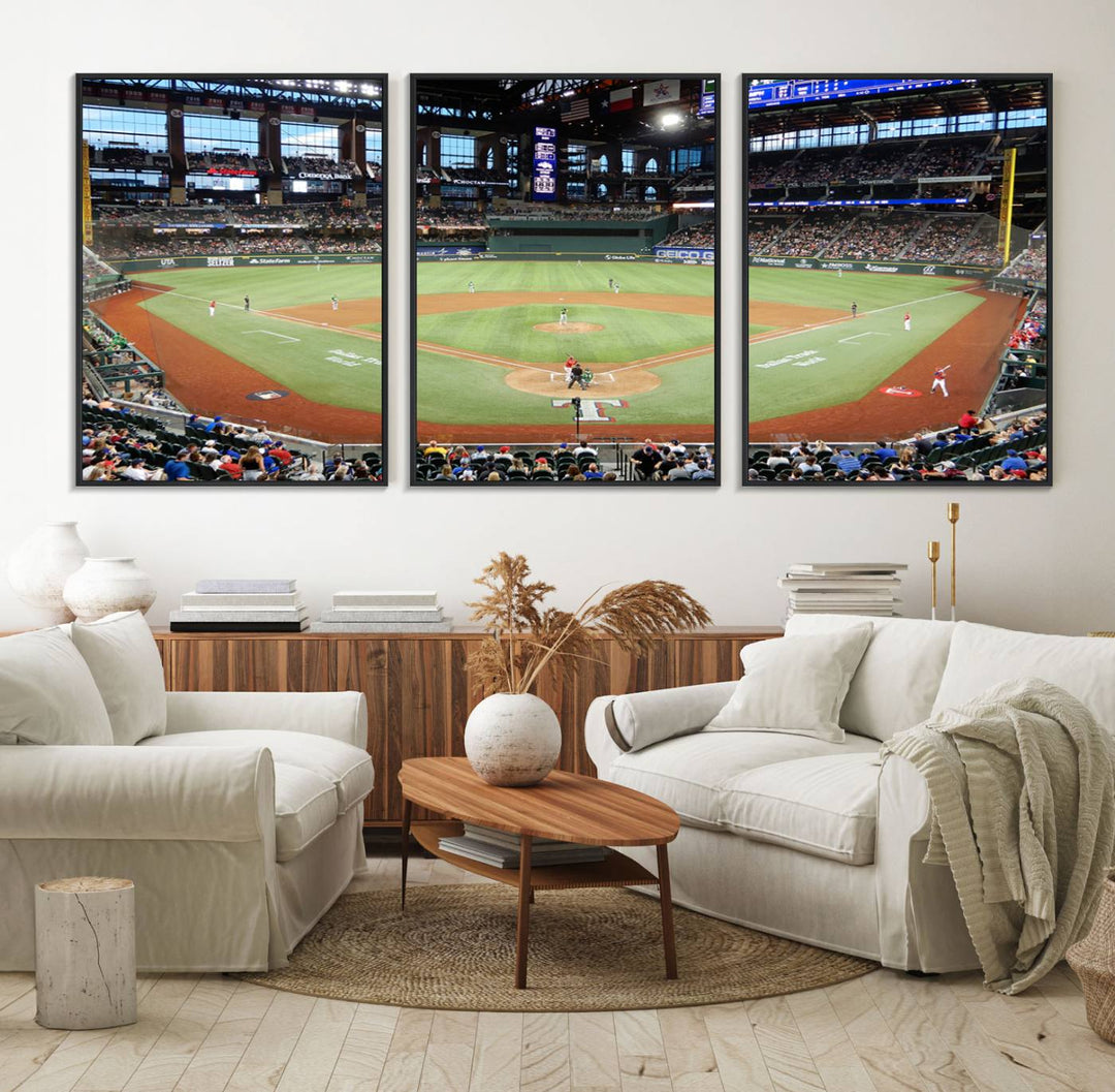 Admire the Texas Rangers Wall Art showcasing Globe Life Fields covered stadium and its lively crowd.