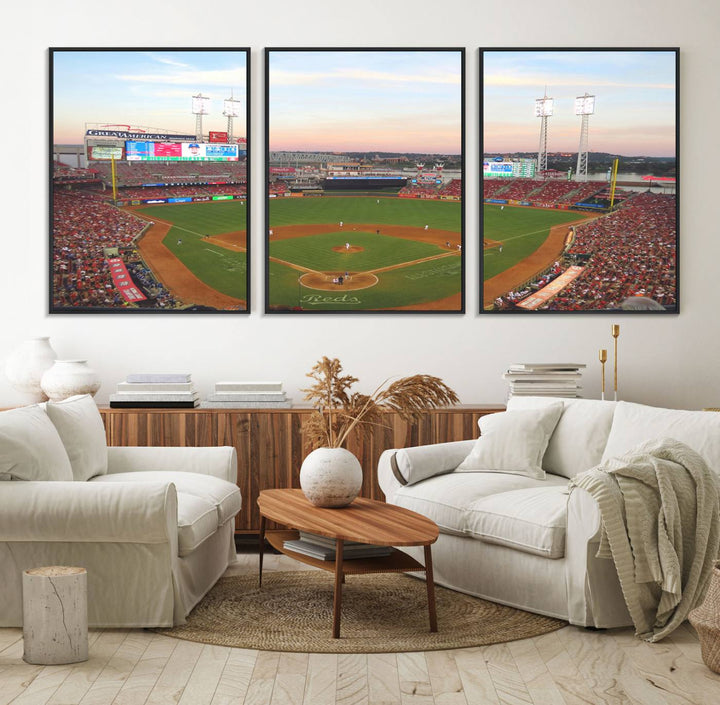 Cincinnati Reds game at sunset: Stadium wall art canvas.