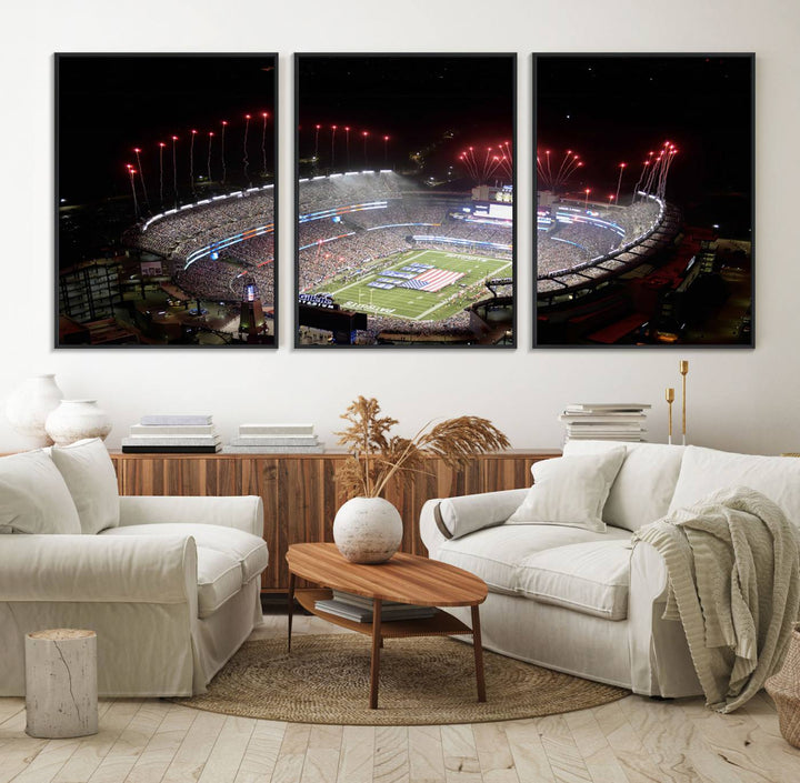 Aerial view of Gillette Stadium with fireworks and flag—ideal for a New England Patriots canvas print.