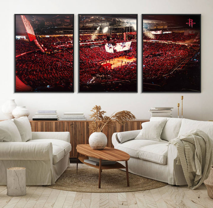 A crowded basketball arena with red lighting hosts a Houston Rockets game.