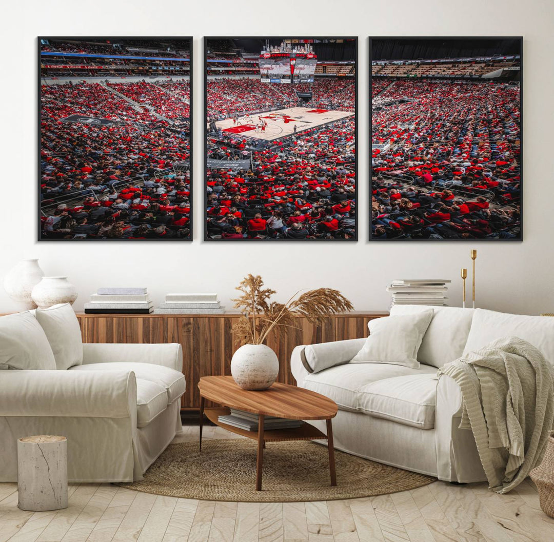 A painting of Louisville Cardinals fans in red at the KFC Yum Center Arena.