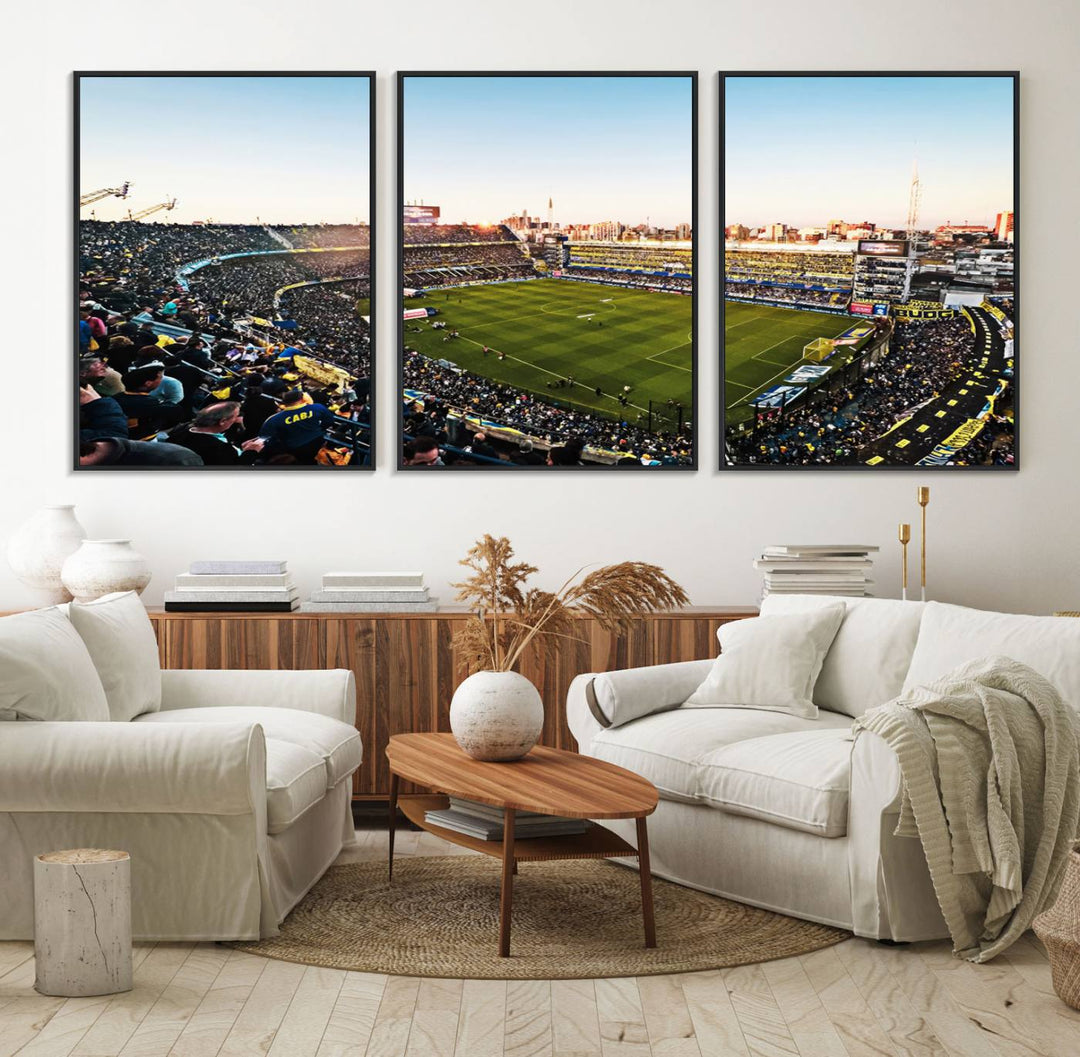 The wall art canvas print vividly captures the dynamic soccer culture at Bombonera Stadium with its vibrant depiction.