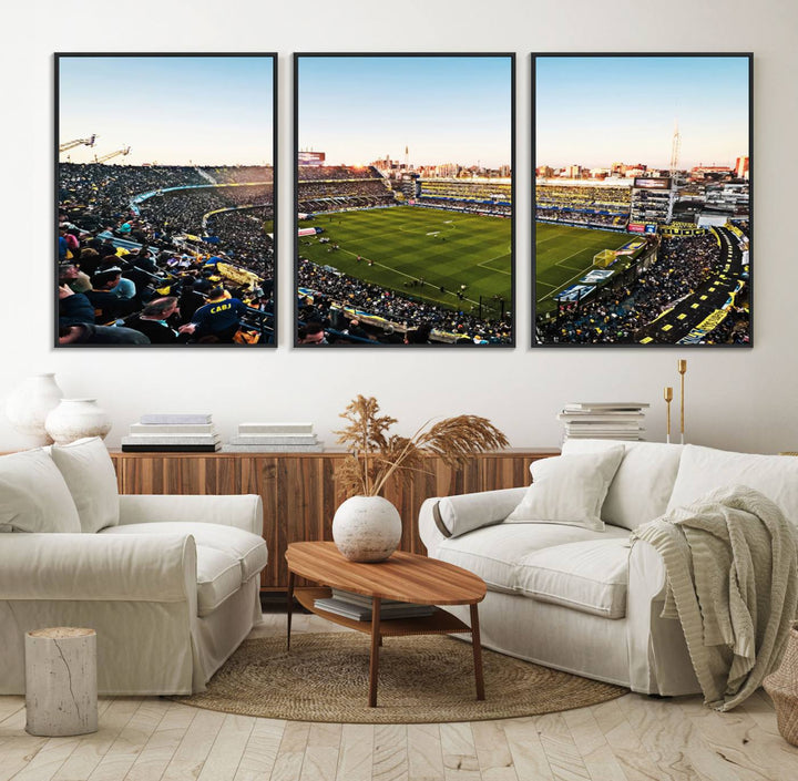 The wall art canvas print vividly captures the dynamic soccer culture at Bombonera Stadium with its vibrant depiction.