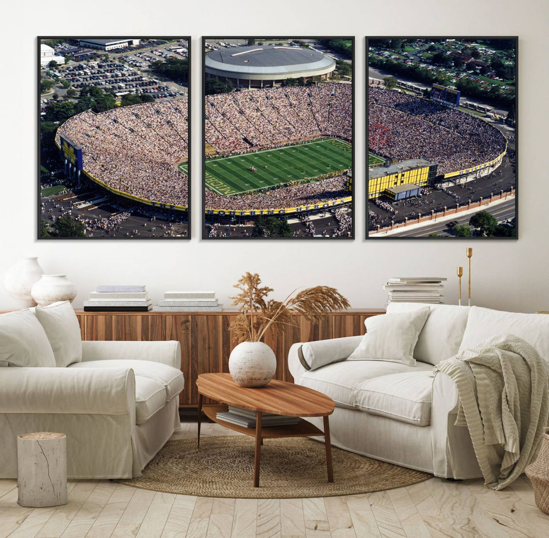 Aerial view of Michigan Wolverines college football culture on a stadium canvas wall art.