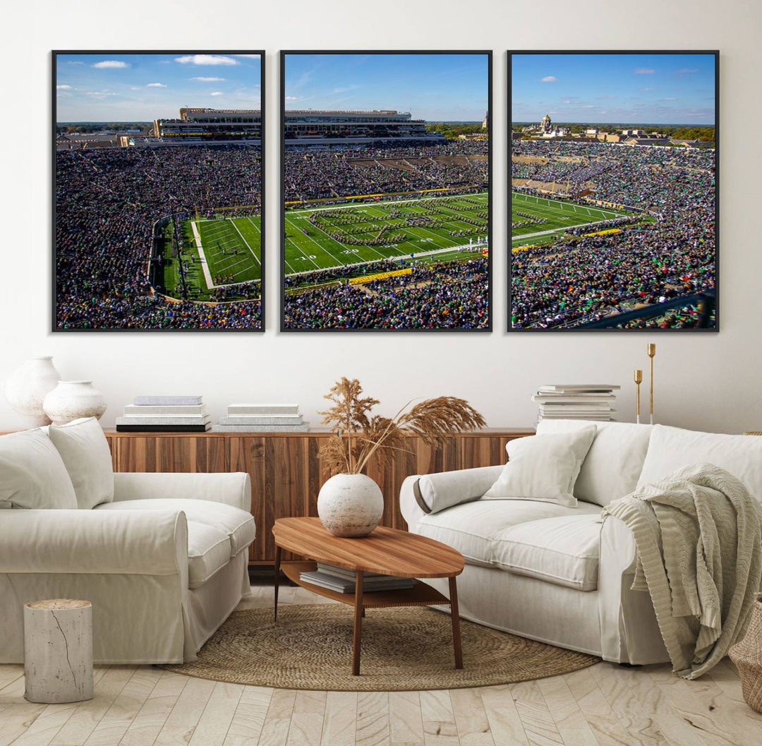 Aerial shot of packed stadium on green; Notre Dame Fighting Irish Stadium Wall Art Canvas Print.