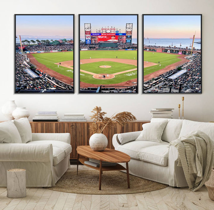 Gallery-quality canvas print of Oracle Park Stadium showcasing a waterfront view from behind home plate.