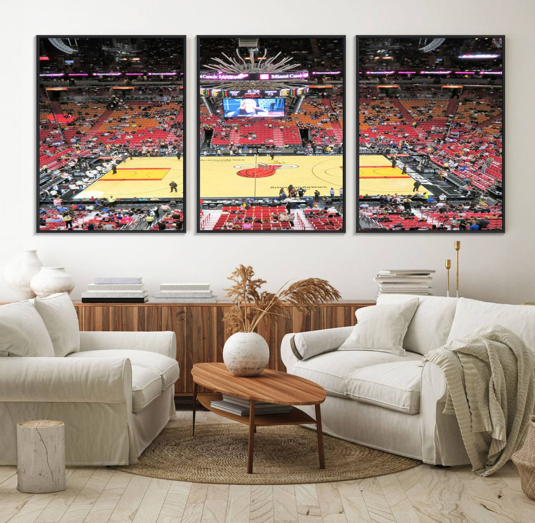 A Miami Heat Basketball Print showcases Kaseya Center Stadium Wall Art with a grand scoreboard.