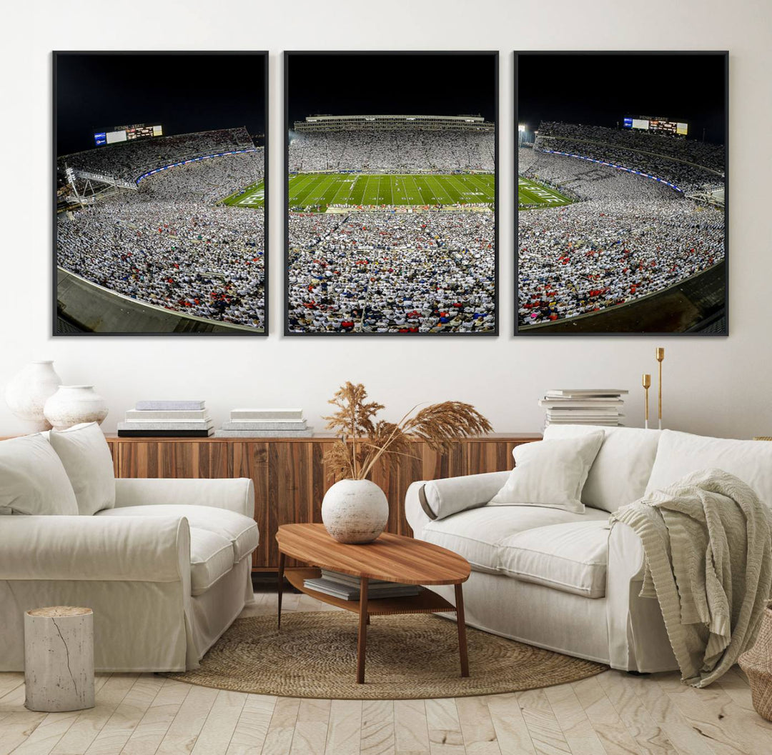 The triple canvas wall art depicts Beaver Stadiums vibrant atmosphere during a night game from the end zone.