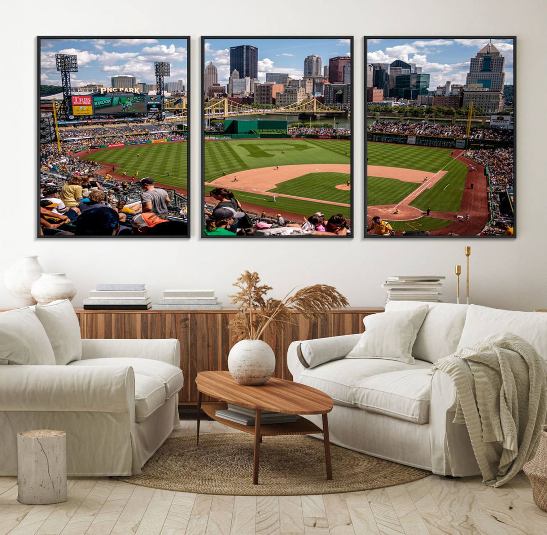 PNC Park Stadium canvas print features a lush field and city skyline, ready to hang.