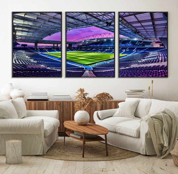 The FC Porto Soccer Team Dragon Stadium Wall Art Canvas Print decorates the room.