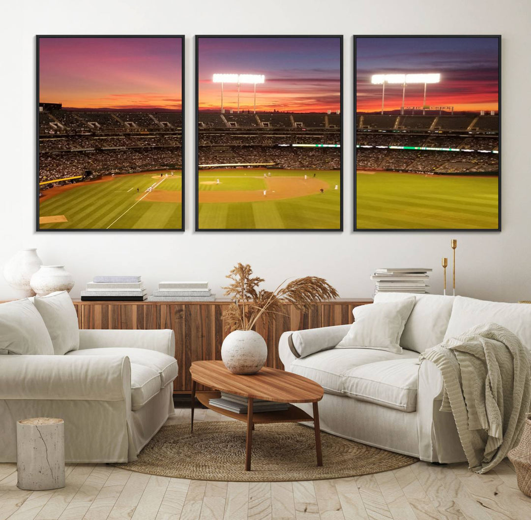 The Oakland Coliseum print is a museum-quality canvas depicting a full crowd and a sunset.