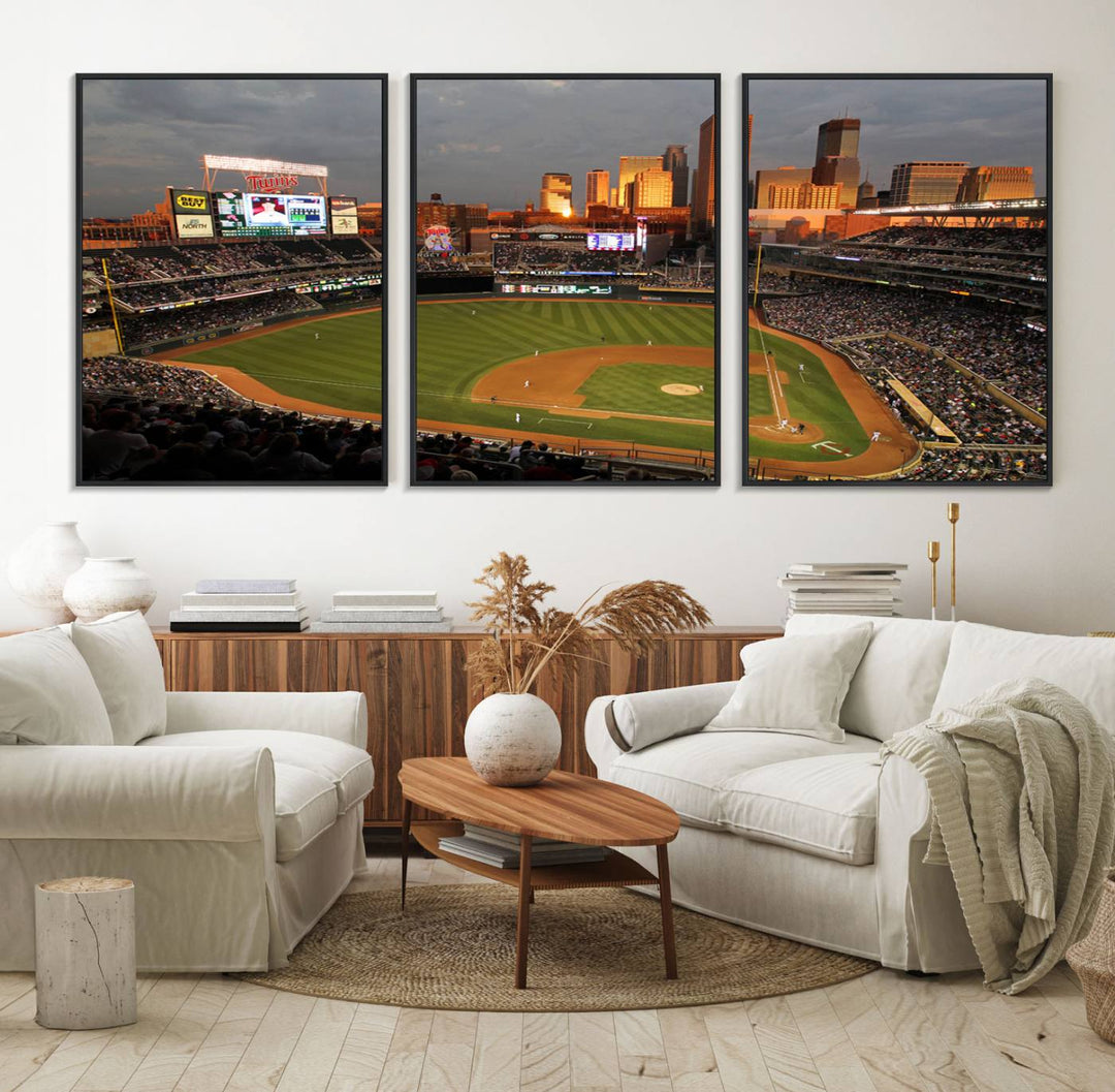 Baseball at Target Field, sunset game, city skyline view.