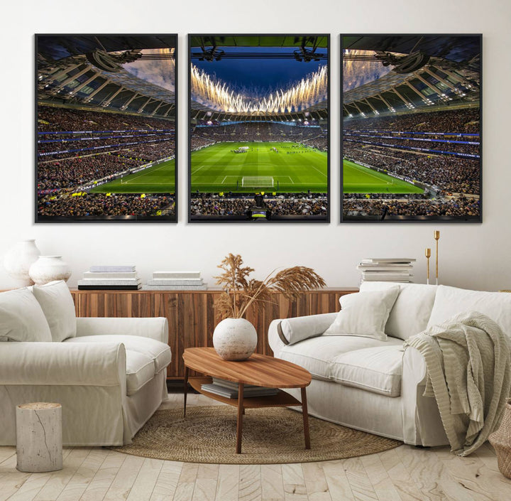 A stunning Tottenham Hotspur Stadium wall art captures the energy of a stadium packed with fans and vibrant lights.