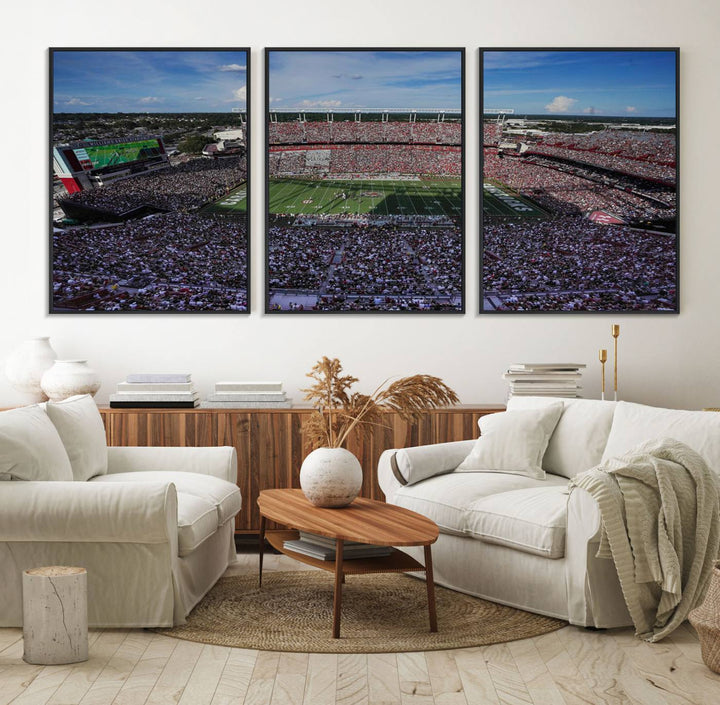 The wall art is a South Carolina Gamecocks print, showcasing Williams-Brice Stadium from a distance under clear skies.