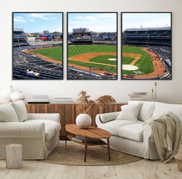 The living room features a Buffalo Bills Stadium wall art.