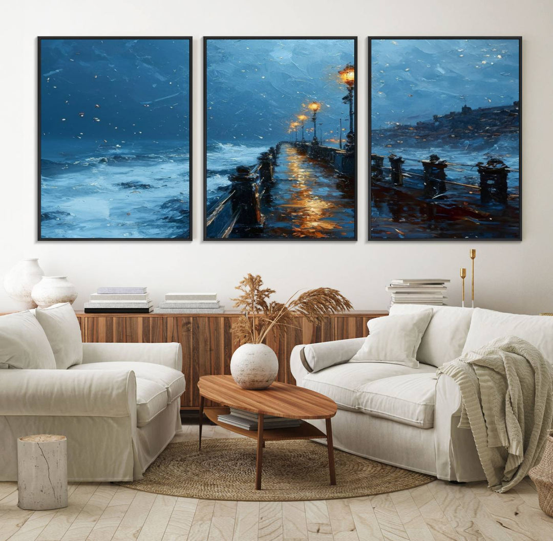 A framed oil painting depicts a stormy night at a beach pier, with glowing lamps and waves beneath a snow-filled sky.