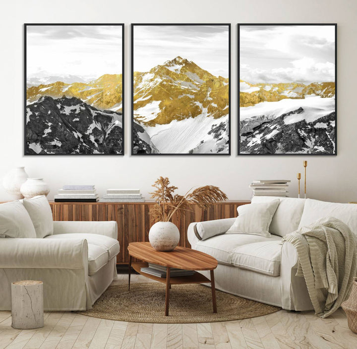 Gold Abstract Mountains Wall Art Print on Canvas.