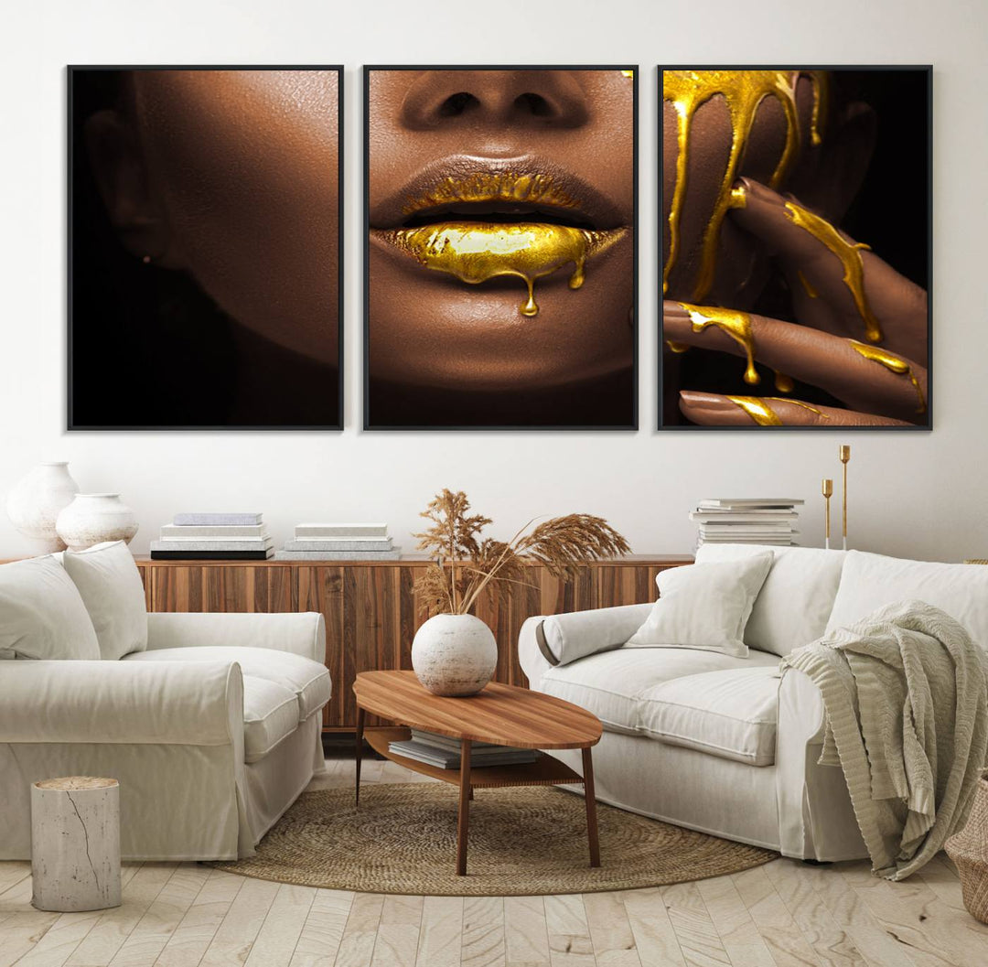 African American Art Canvas Print of a Black Woman with Gold Lips.