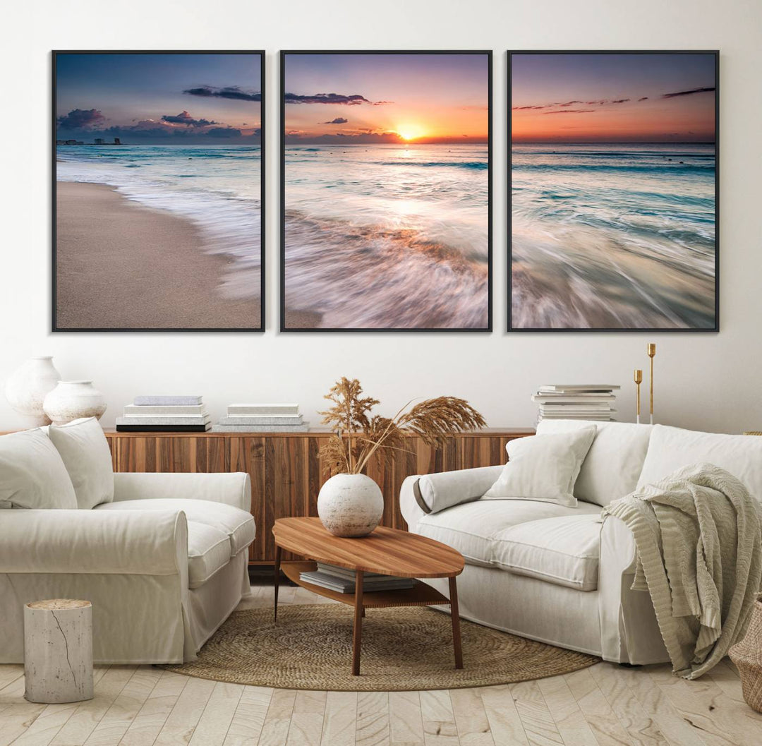 The Sunset Beach Wall Art adds tranquility to the living room.