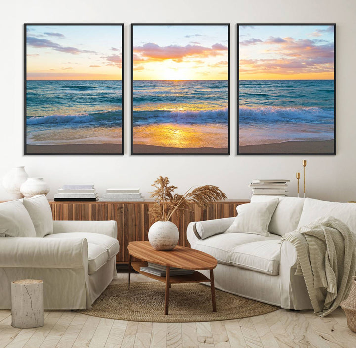 The Golden Sunset Over Ocean Waves painting depicts a vibrant sky.