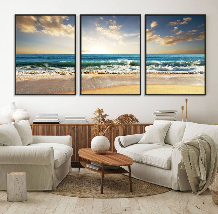 A Golden Sunset Beach triptych adorns the wall.