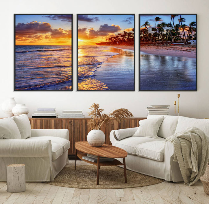 Serene Beach Sunset Wall Art Canvas featuring ocean waves hangs prominently.