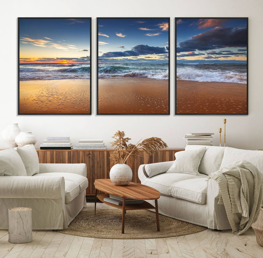 A Beach Canvas Wall Art depicting ocean waves and a tranquil sunset hangs above, capturing the serene beauty of coastal scenery.