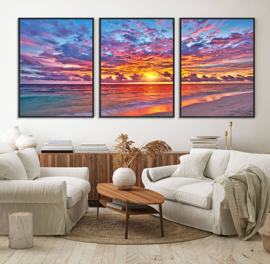 The Vibrant Sunset Beach Wall Art hangs prominently on the wall.