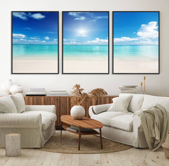 The Blue Ocean Wall Art Canvas Print hangs, creating a tranquil paradise.