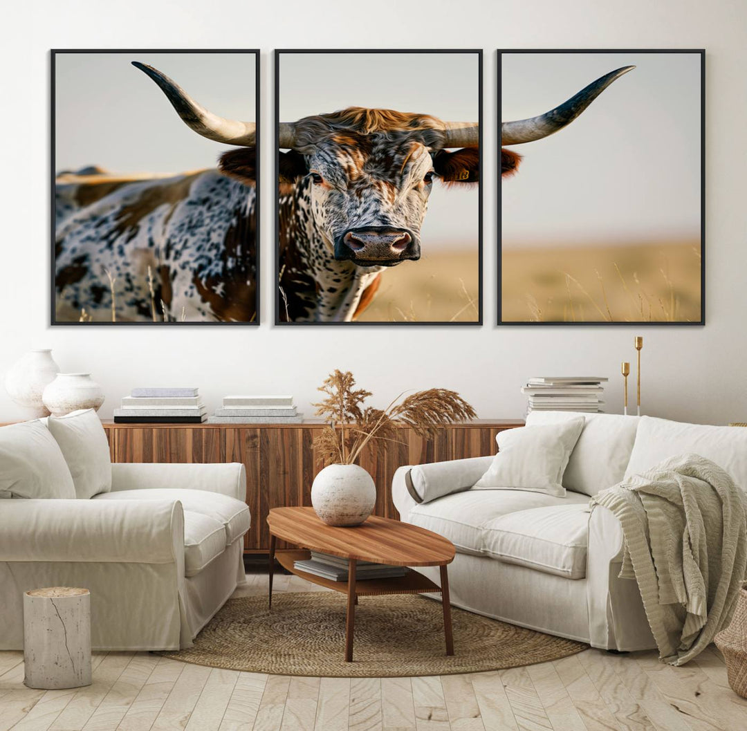 The Texas Bull Longhorn Wall Art Canvas Print is perfect for farmhouse decor.