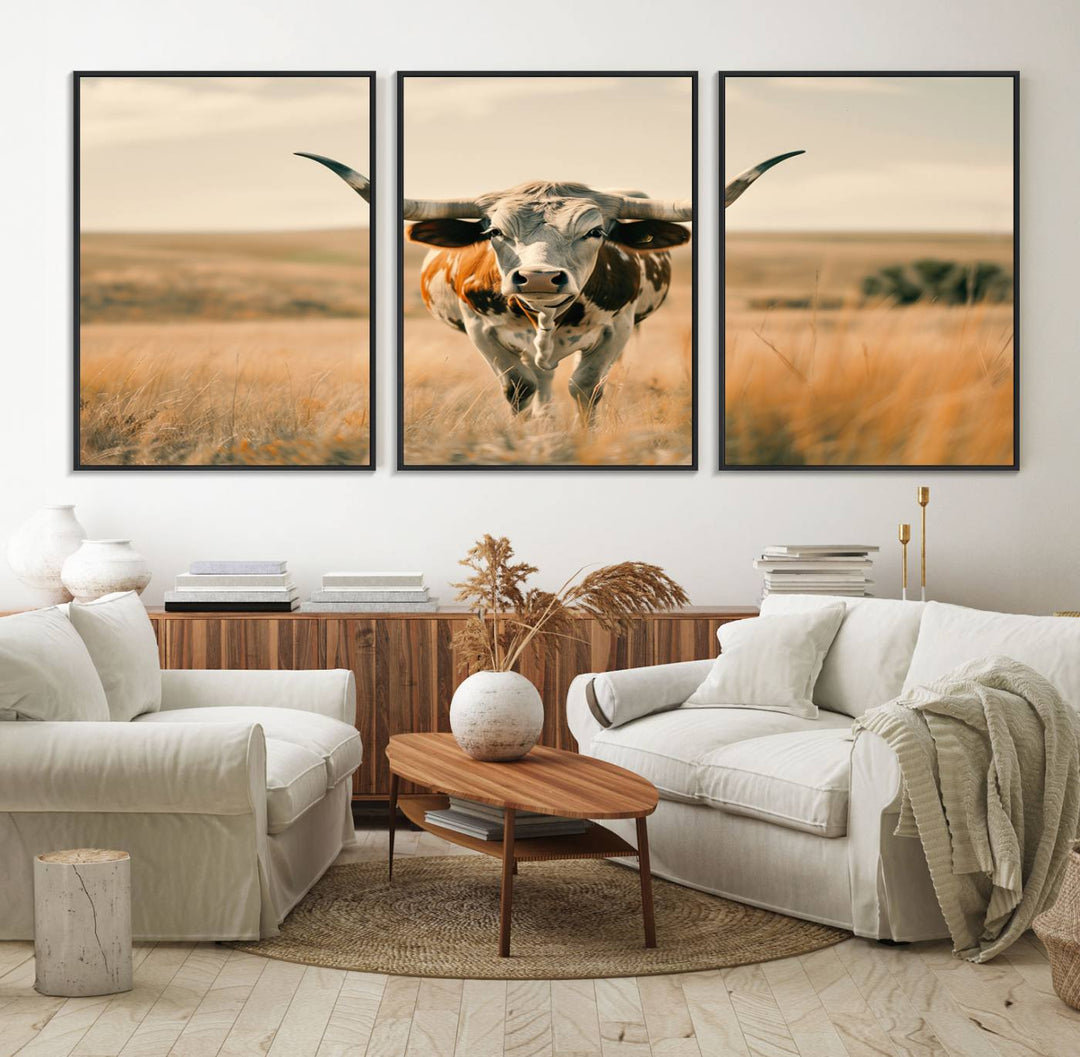 The Texas Cow Longhorn Wall Art Canvas adds rustic charm to the decor.