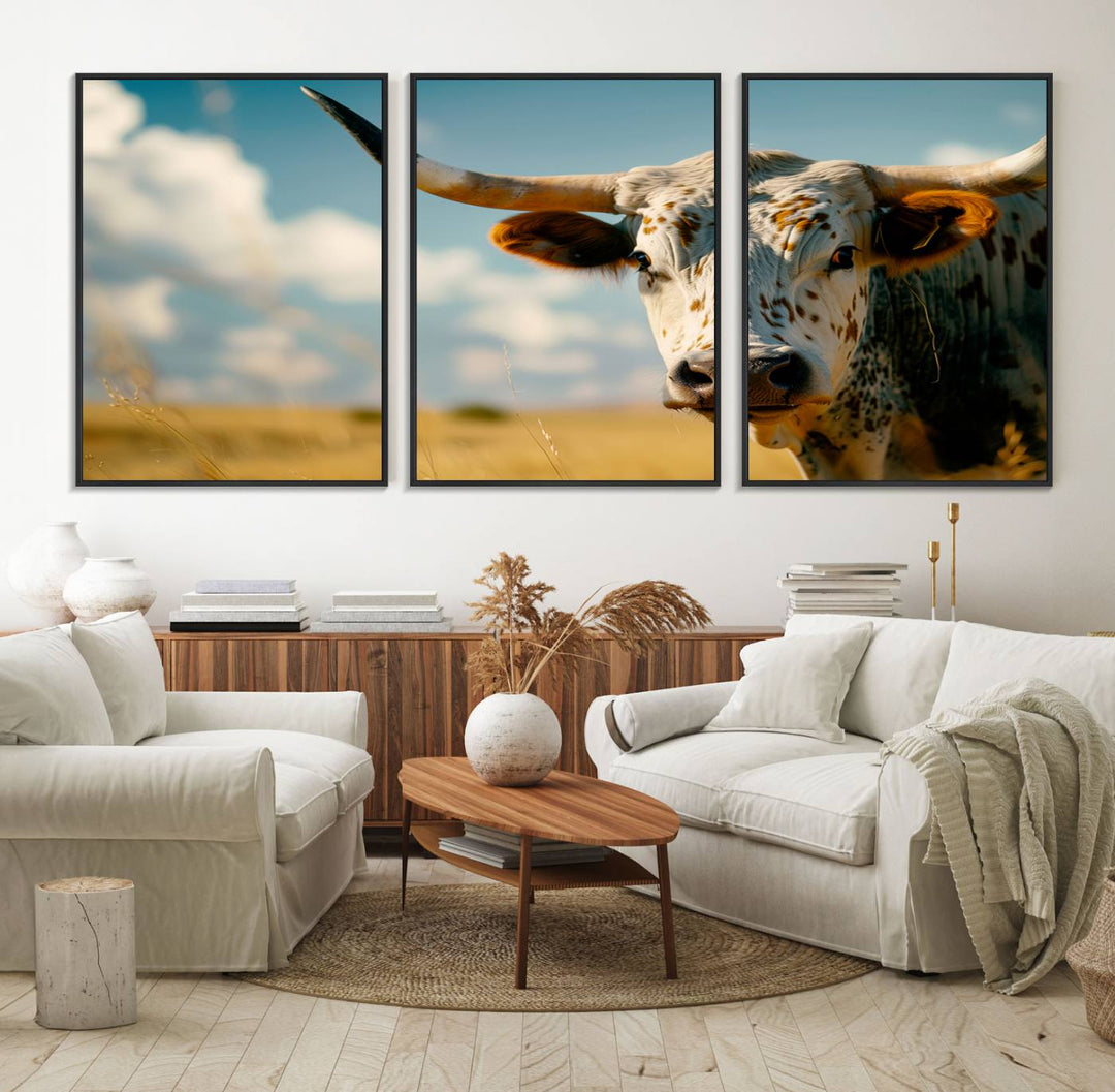 The Longhorn in the Prairie triptych cowboy wall art is ideal for western decor.