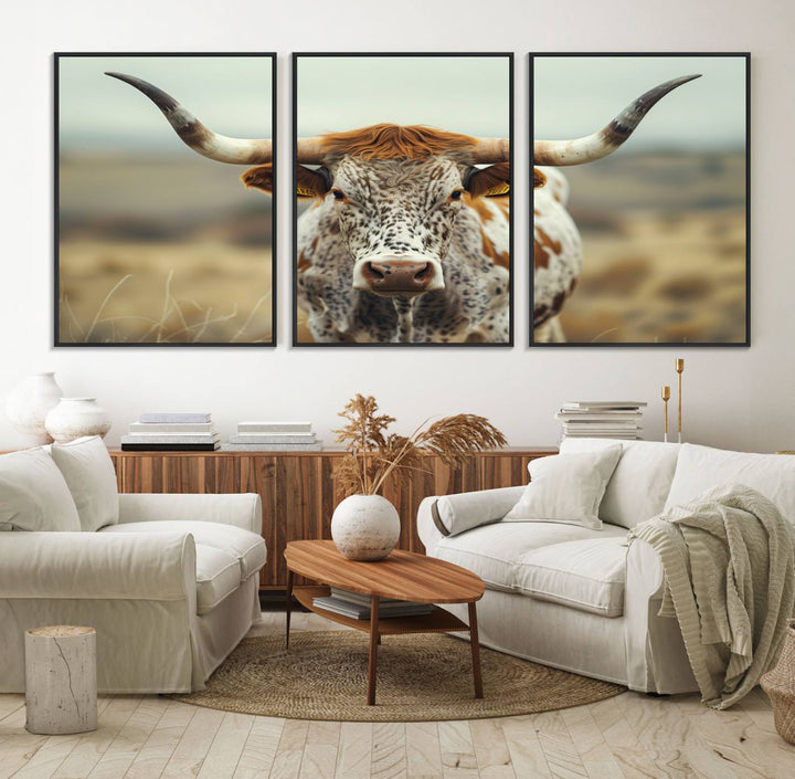 The Texas Cow Longhorn Canvas Print hangs, adding Western elegance.