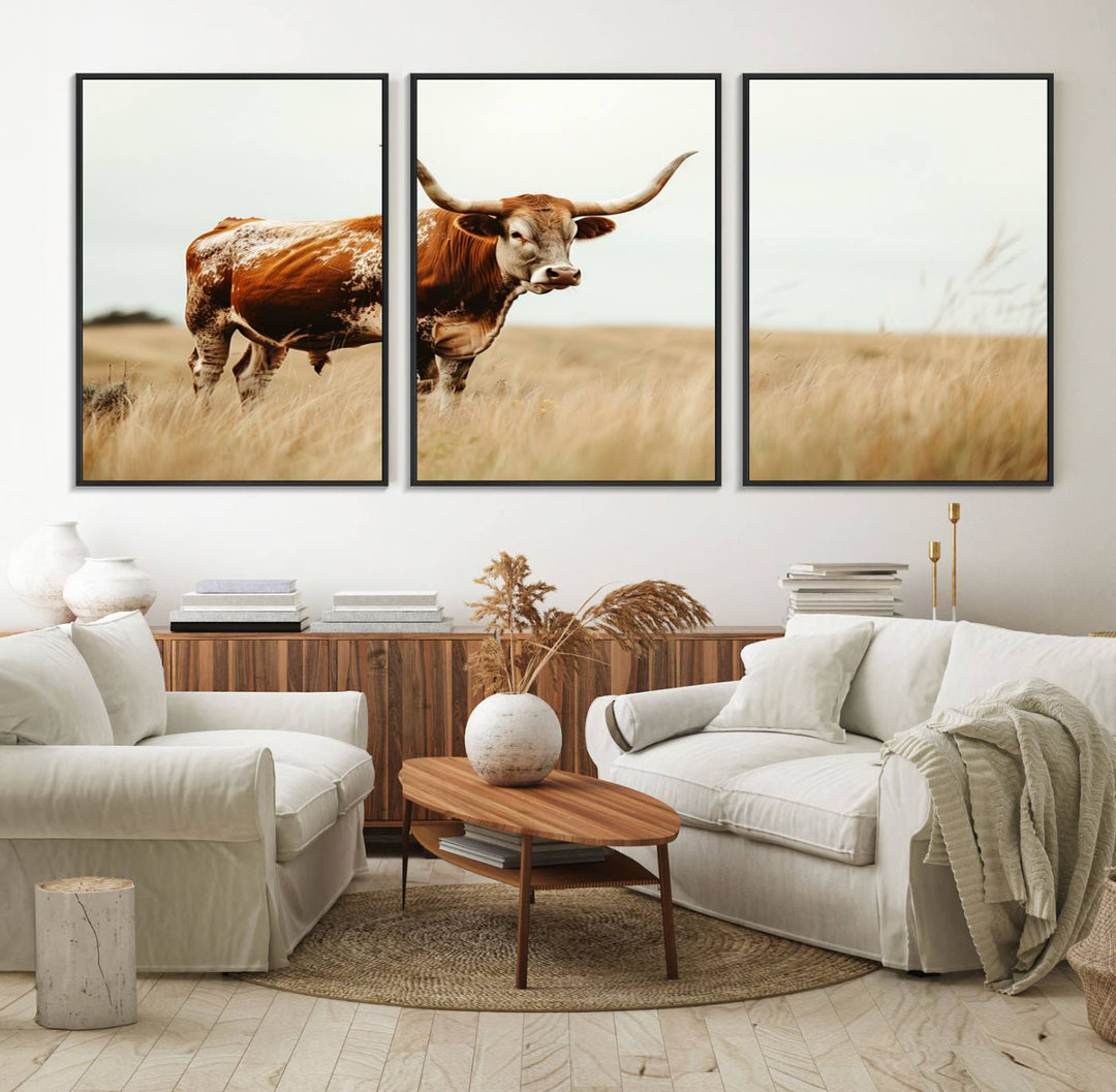 The Texas Longhorn canvas wall art print enhances a rustic farmhouse decor setting.