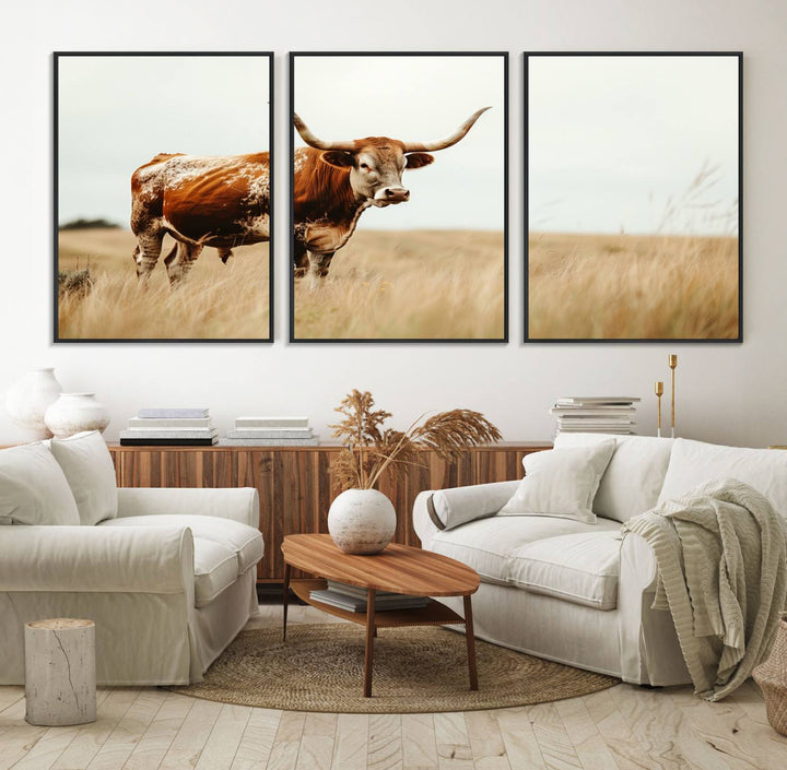 The Texas Longhorn canvas wall art print enhances a rustic farmhouse decor setting.