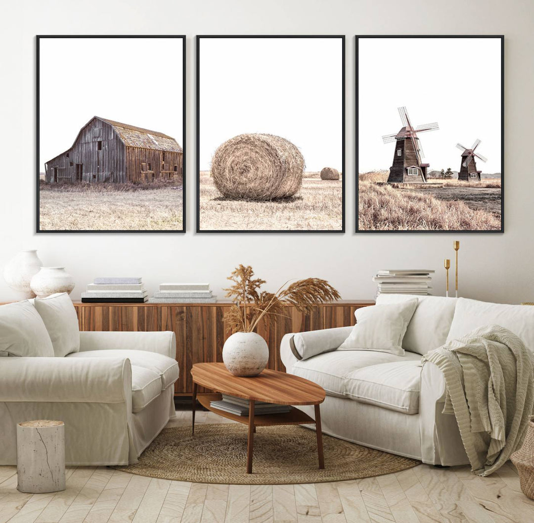 A set of 3 rustic Farm Prints, featuring barns and wheat, decorates a farmhouse wall.