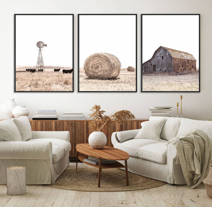 Above the couch, a Rustic Farmhouse Wall Art set depicts a barn and wheat field.